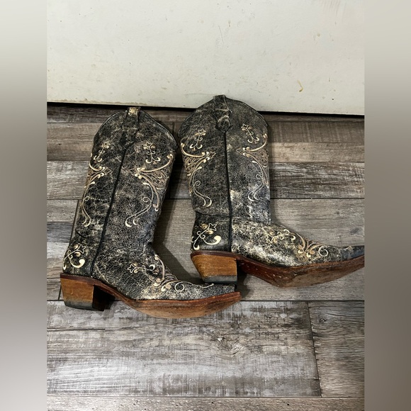 Circle G Swirl Snip Town Black/Brown Distressed Leather Embroidered Cowboy boot - Picture 11 of 13